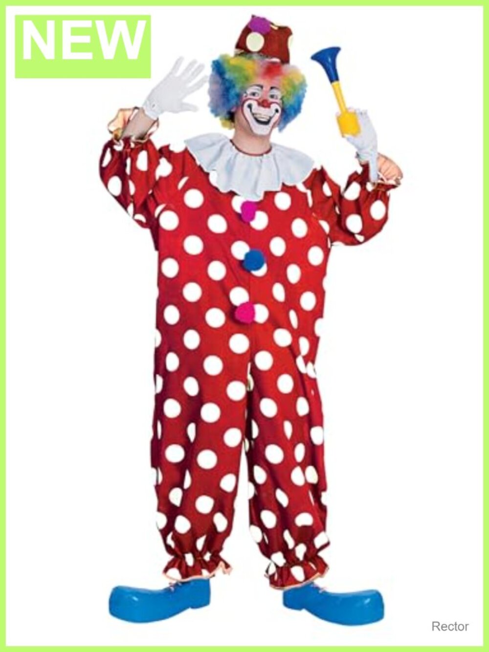 Adult Clown Costume One Size Hat Jumpsuit Neck Ruffle Halloween Cosplay